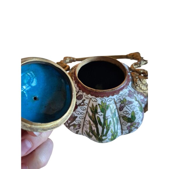 Vintage Cloisonne Enamel Teapot with Lid and Gold Handle Floral White Gold Blue - Picture 4 of 6